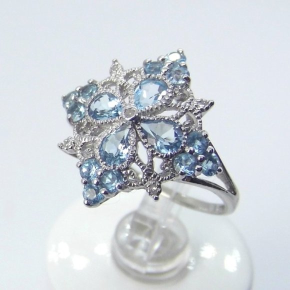 1.20ct Blue TOPAZ & Diamond 10K Gold Flower Ring - Picture 3 of 9